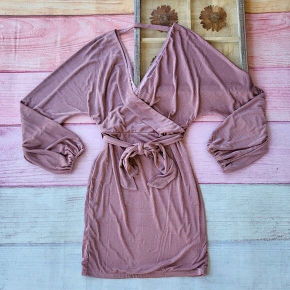 Petal & Pup Dusty Rose Pink Qasem Surplice Fitted Bodycon Mini Dress 10US - Picture 6 of 11